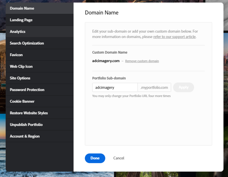 Adobe Portfolio settings menu