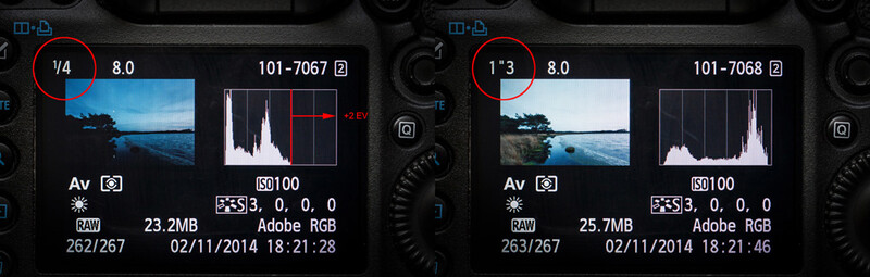 This landscape image during twilight at the left has an exposure for the sky. But the foreground is under exposed. By looking at the histogram we see room for a two stop correcting. Although the sky looks too bright, the highlights are within the dynamic 