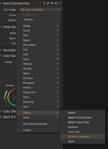 How to choose No Color Correction ICC Profile in Capture One