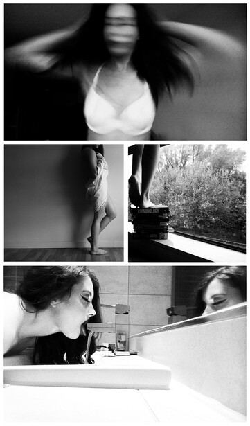 A collage of monochrome self portraits of a young, dark haired woman