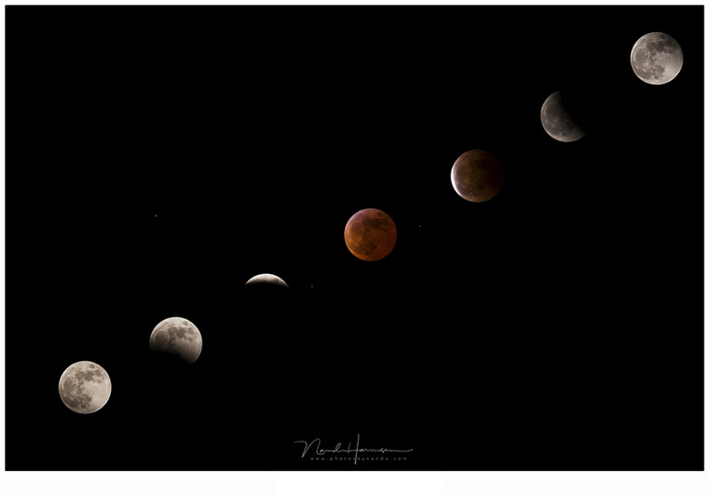 The eclipse of 2007. A sequence of six stages during the eclipse with the blood moon in the middle (Canon EOS 20D + EF70-200L @ 400mm with 2xTC | ISO800 | f/5,6 | with different exposure times)