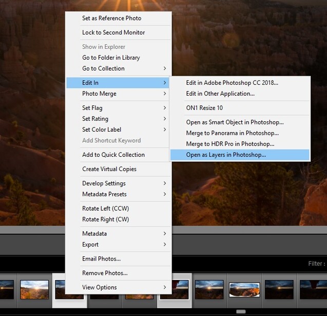 Open as layers using photoshop in lightroom