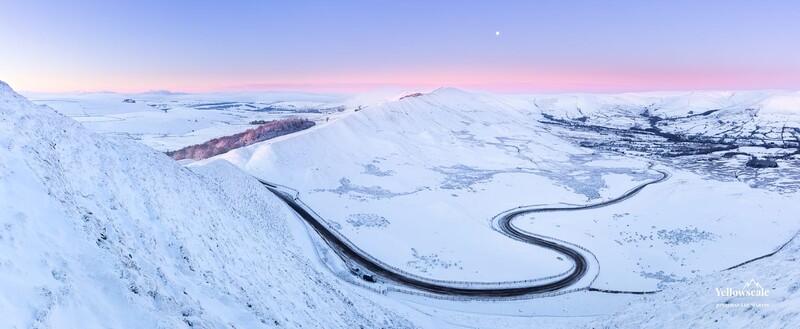 Snow-covered Mam Tor in the Peak District.