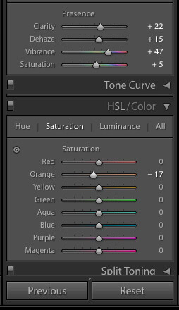 A screen capture of the HSL/Color panel in Lightroom.