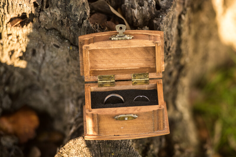 A photo of wedding rings sitting in a box on a tree stump