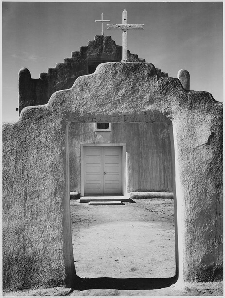 Ansel Adams front view of church taos pueblo national landmark