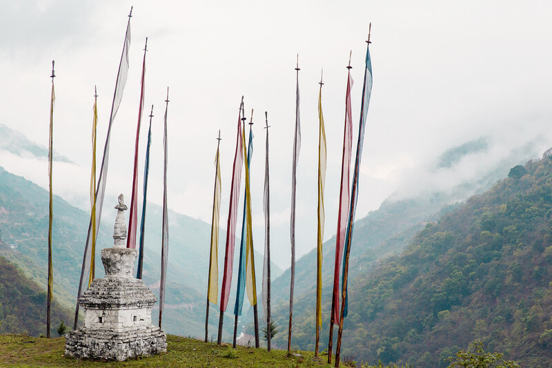 Prayer flags over a lush green valley