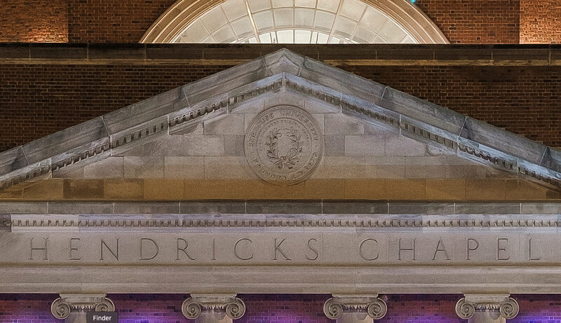 A 100% crop of the previous image of Hendricks Chapel.