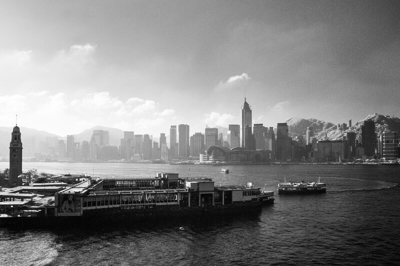 Monochrome image of Hong Kong cityscape