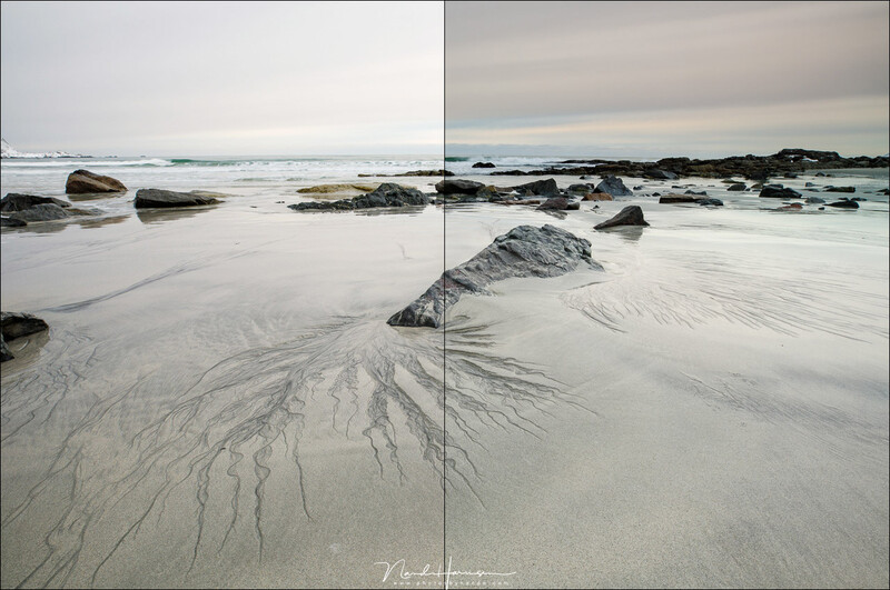 Two shots next to each other, at the left without filter, and at the right with the medium 0,9GND filter. The polarization filter was also installed. Both image received exactly the same post-processing. Any color cast is nearly invisible