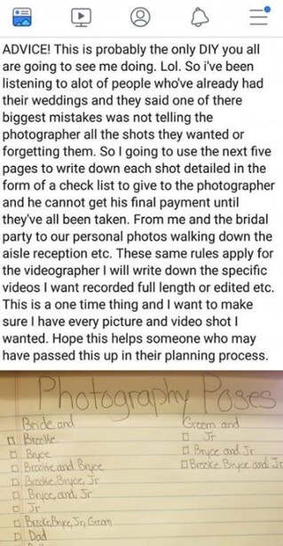 A Facebook post written by a bride-to-be