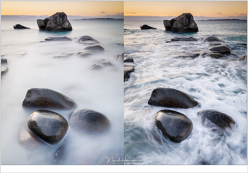Choosing the right ND filters depends on the effect you want to accomplish, and the light situation. Use a dark ND for misty water, use a less dark filter to catch the dynamics. At the left is shot with the Big Stopper (120 seconds), at the right with a 0