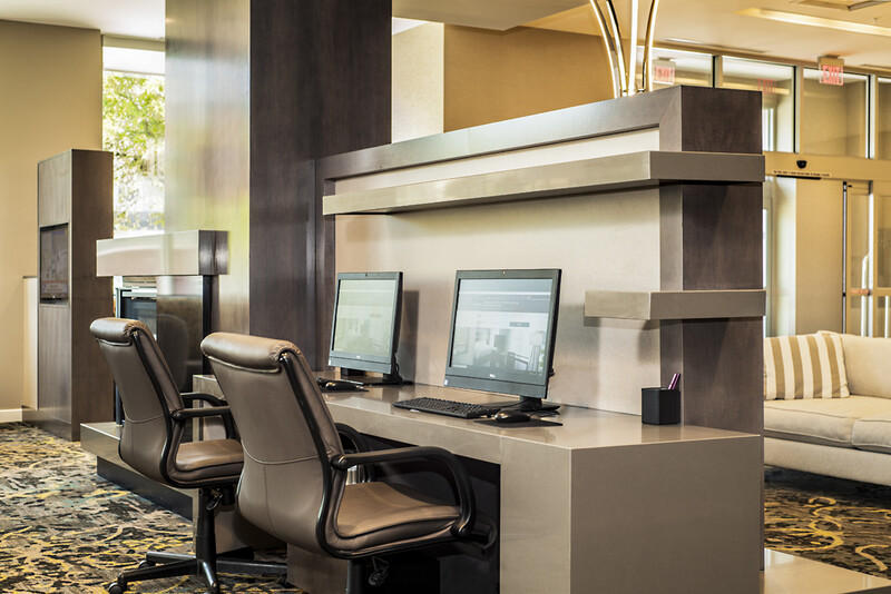 computers in a hotel lobby