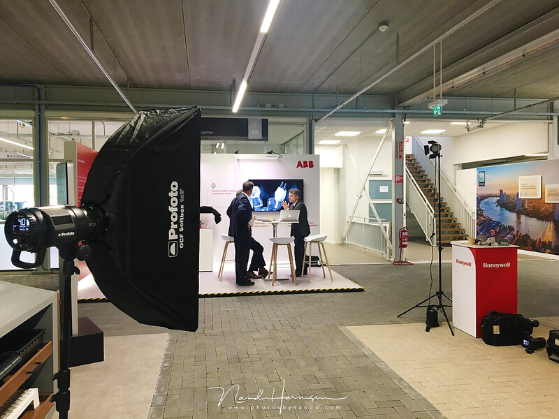 I prepared a setup for a few company shots. The Off Camera Flash system of Profoto is perfect for this situation and the setup of the flashes is very easy. Changing settings is very easy, without loosing contact with your subject.