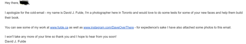 An example email I've sent to the person responsible for the New Faces board at a local agency