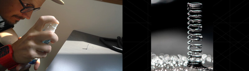 behind the scenes diptych of a photographer capturing macro ice crystals in a freezer