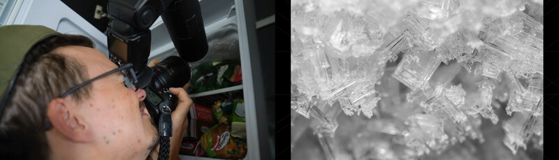 behind the scenes diptych of a photographer capturing macro ice crystals in a freezer