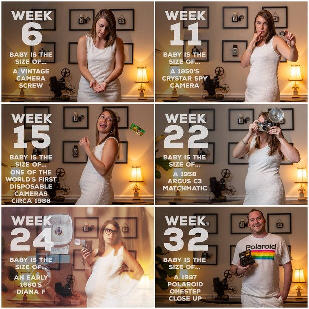 A collage documenting the development of a pregnant woman and her baby