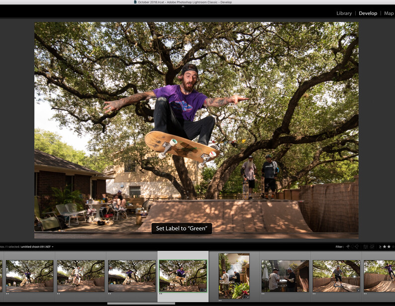 a screen capture showing a photo in Lightroom being labeled to Green