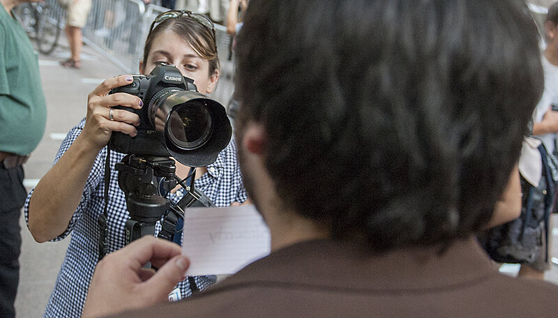 Jessica Rotkiewicz, a photographer from Newsday, would often go out into the field to shoot with her students at Stony Brook University, as she is here at Occupy Wall Street.