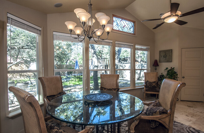 an underexposed image of a dining area