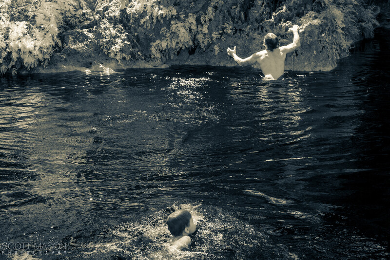 kids swimming in at Krause Springs, infrared