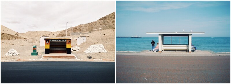 Diptych of two bus shelters