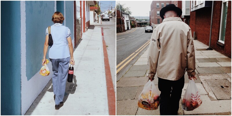 A diptych of two people carrying their shopping bags