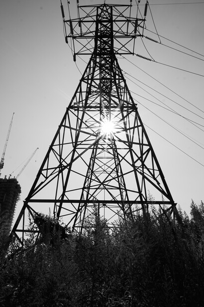 monochrome, black and white, power lines, high contrast