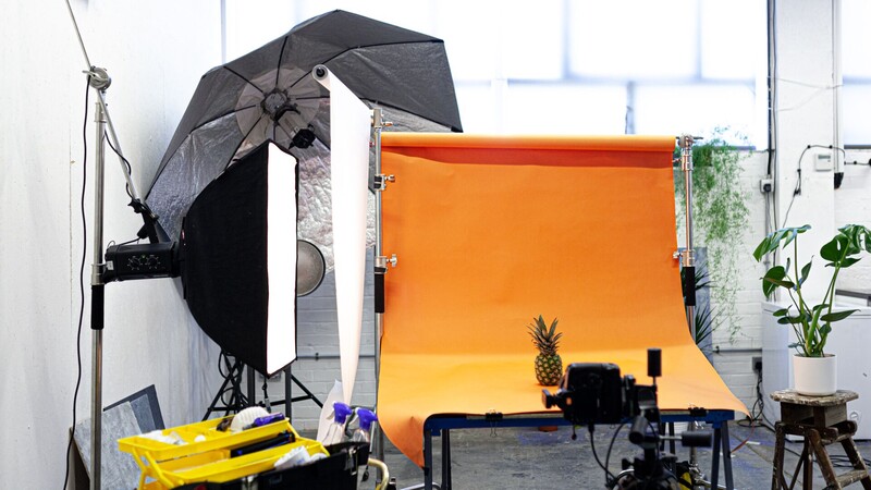 set up for a food photography lighting test comparing modifiers