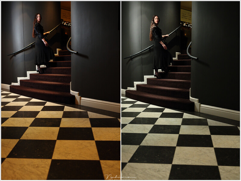 Blending two colors of light (flash and ambient) can give unwanted results, like in this example. By using a CTO color gel, I matched the flash light to the ambient light. By setting the camera white balance to artificial light, I got a better result.