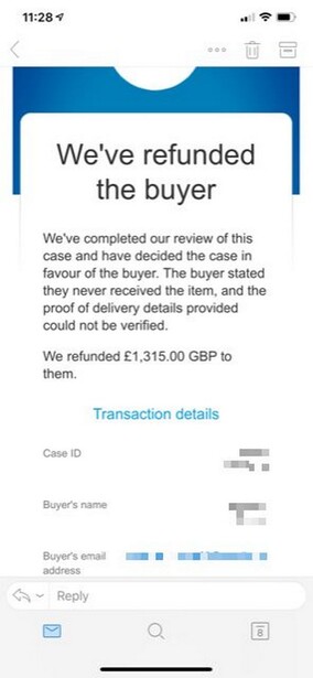 A PayPal refund screenshot