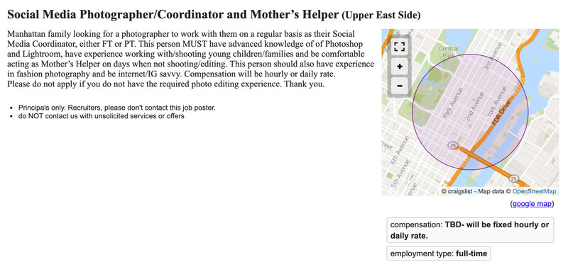 Mother's Helper photography job listing
