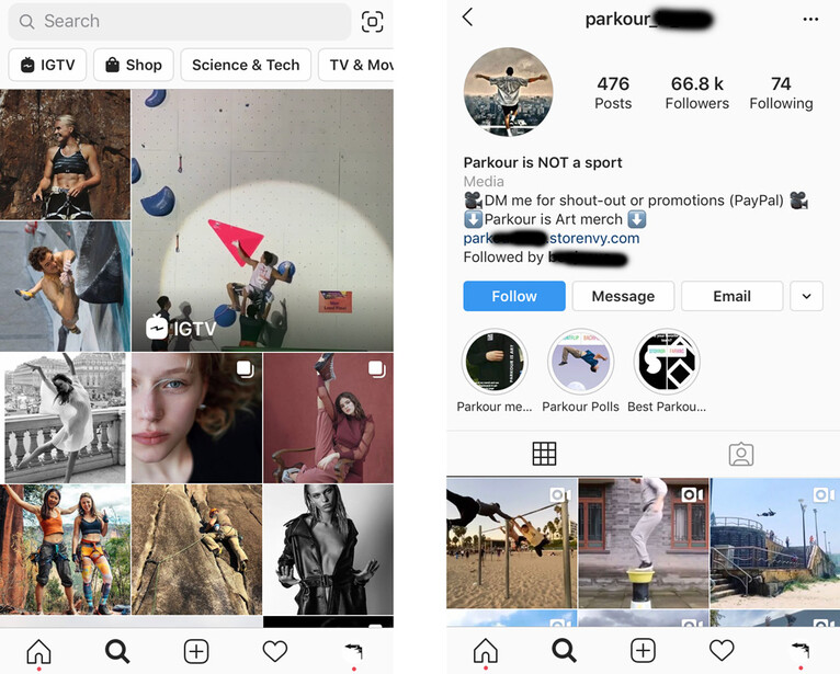 Instagram explore tab and feature account