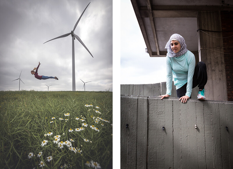 Women performing and training parkour