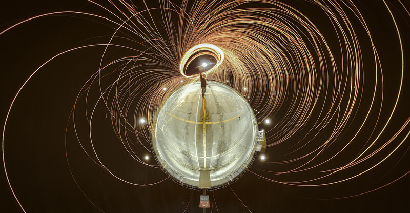Not just 360: While looking at content in 360, stills and footage captured from the camera can create interesting 2D content, like this "Little Planet" of a steel spin originally captured in 360. (Photo by Daniel Passapera, used with permission of the pho