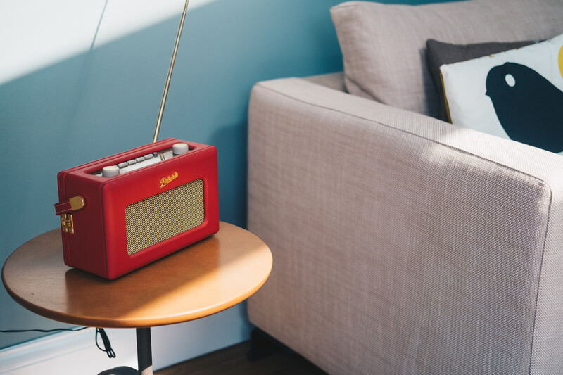 Red radio on a side table