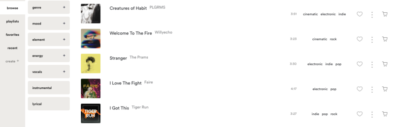 Screenshot from music licensing company Audiio website search
