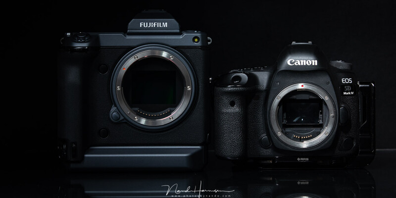 The 102 megapixel Fujifilm GFX100 next to the 31 megapixel Canon EOS 5D mark IV. If I had to choose I would grab the Canon any time. The resolution of that camera is more than enough and its price is much more reasonable.