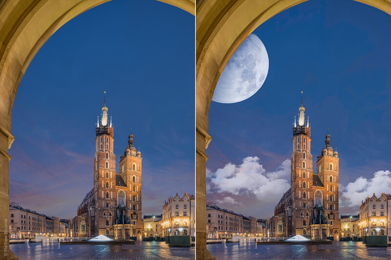 A before and after shot of adding moon to the sky of a city landscape.