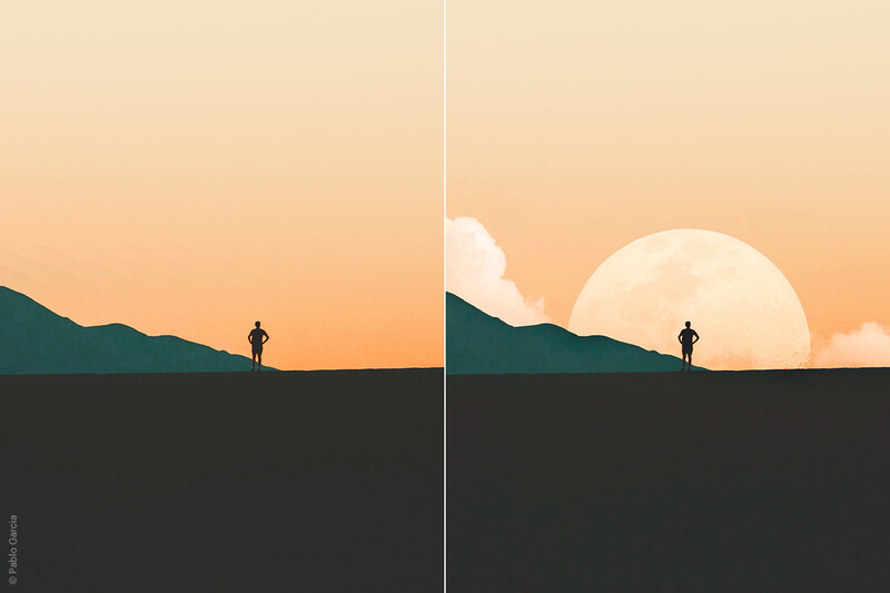 A before and after of digital art landscape 