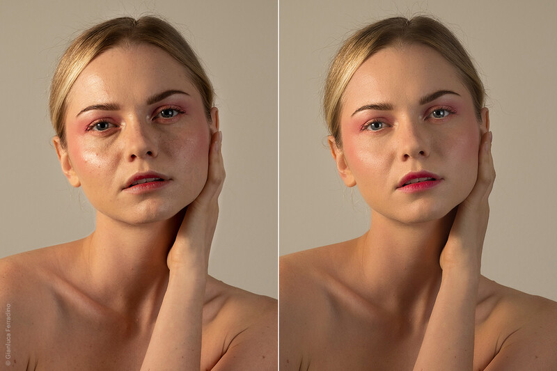 Before and after of a retouched model's face