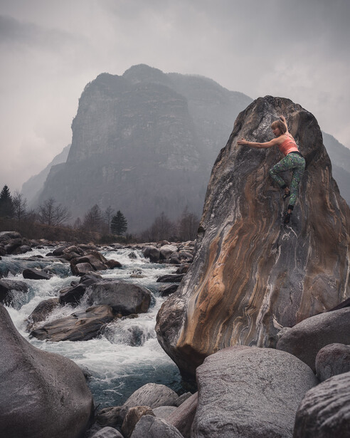 Zofia Reych bouldering in Brione, Switzerland.