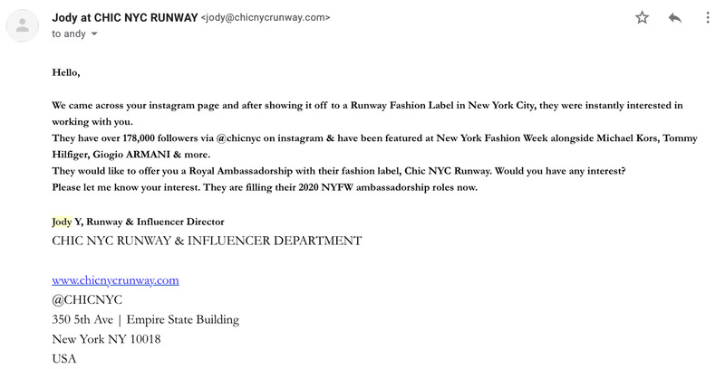 Email from Jody at Chic NYC Runway