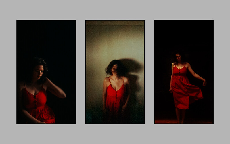 A triptych of a girl in a red dress.