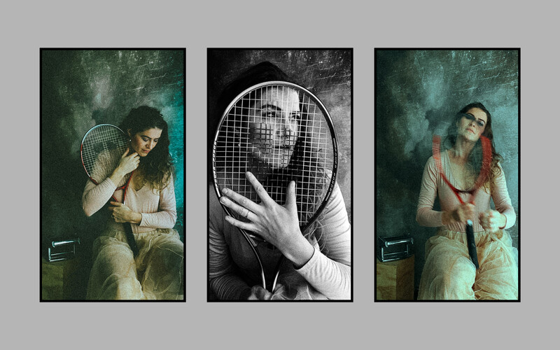 A triptych of a woman holding a tennis racket.