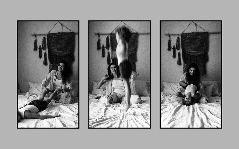 A triptych of a mother playing with her child. 