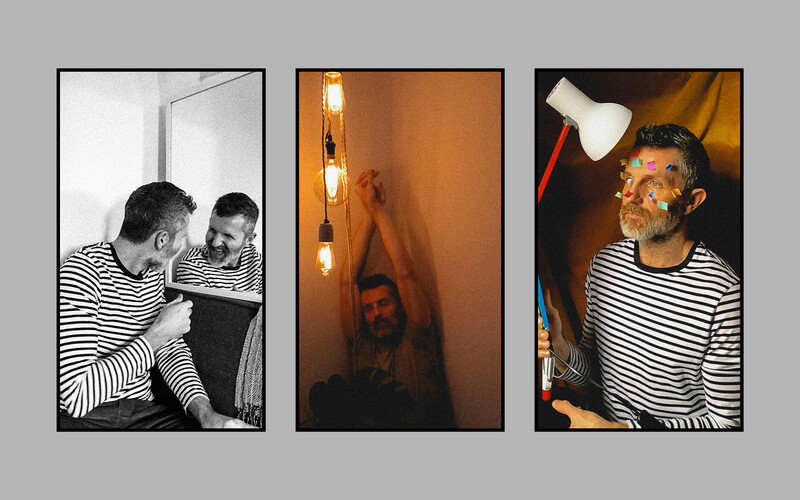 A triptych of a man in a striped shirt.