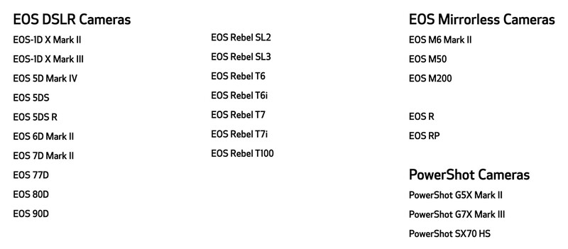 Canon EOS Webcam Utility compatible cameras