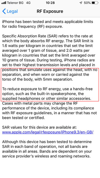 RF Exposure warning in iPhone's License Agreement